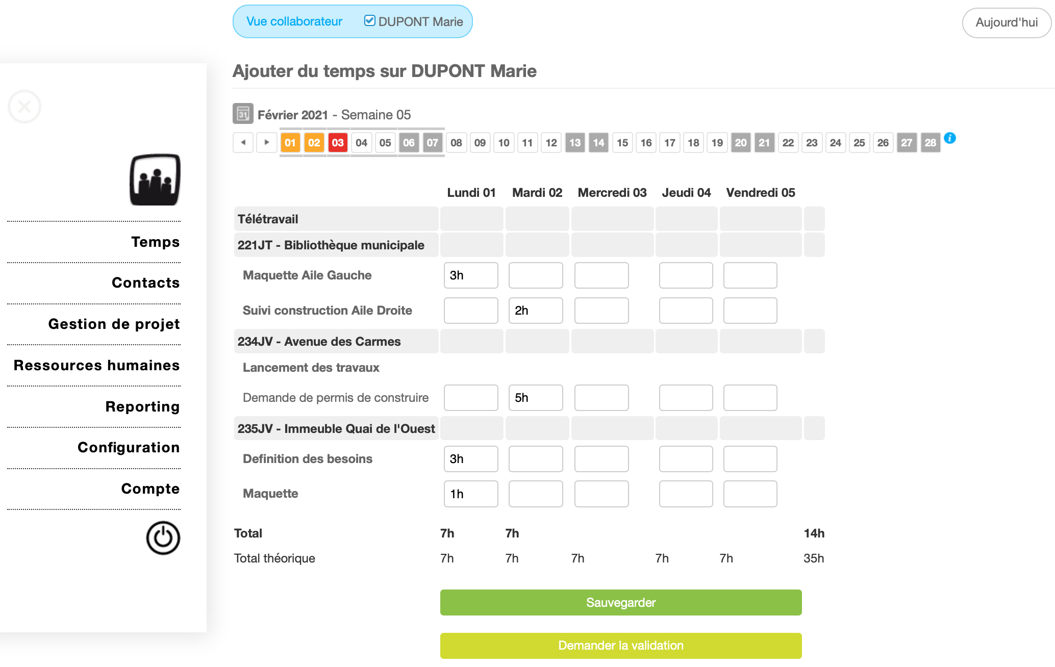 Catpure d'écran de l'application web Opentime